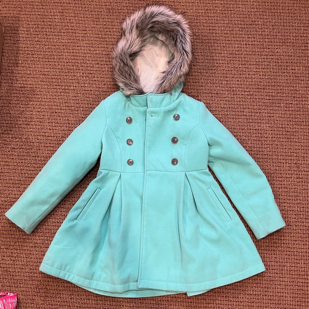 Girls light turquoise winter coat faux fur trim